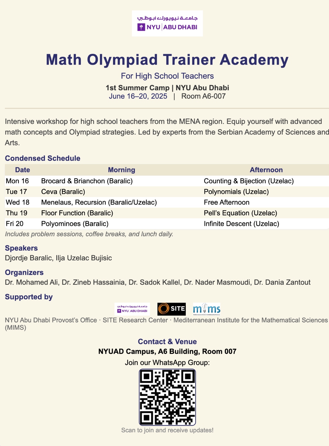 Programme flyer of the June 16 to 20, 2025 Math Olympiad Trainer Academy summer workshop at NYU Abu Dhabi, listing speakers Đorđe Baralić and Ilja Uzelac Bujišić